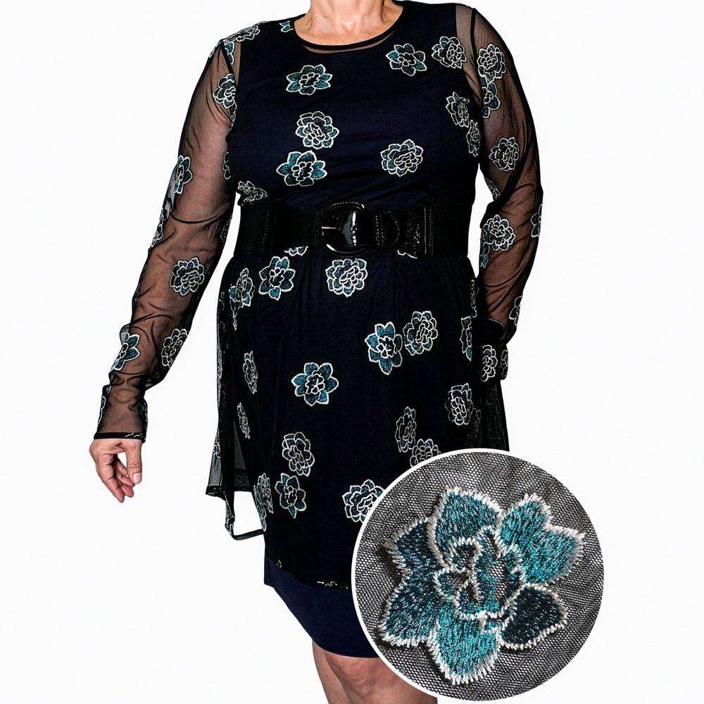 Sheer Mesh Floral Embroidered Dress Topper M L 10 12 Black Long Sleeve Overdress